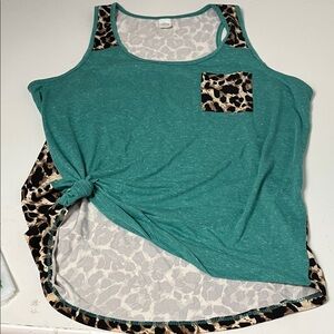 Sunshine & Rodeos Large Leopard Print Green Pocket Tank Top Front Knot
